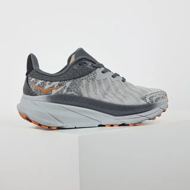 Hoka Gray Orange Engineered Knit Upper Maximalist Cushioned Midsole Running Shoes