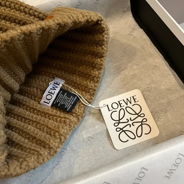 Loewe Brown Beige Ribbed Knit Folded Cuff Beanie