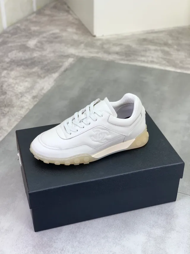 Chanel White Beige Leather Upper Embossed Interlocking CC Logo Lifestyle Sneakers