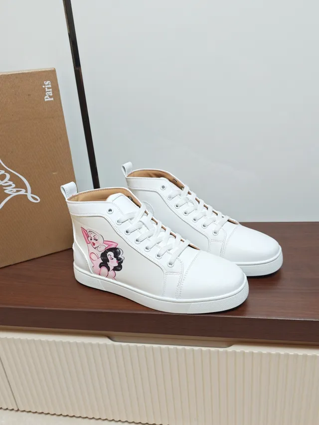 Christian Louboutin White Pink High-Top Leather Sneakers