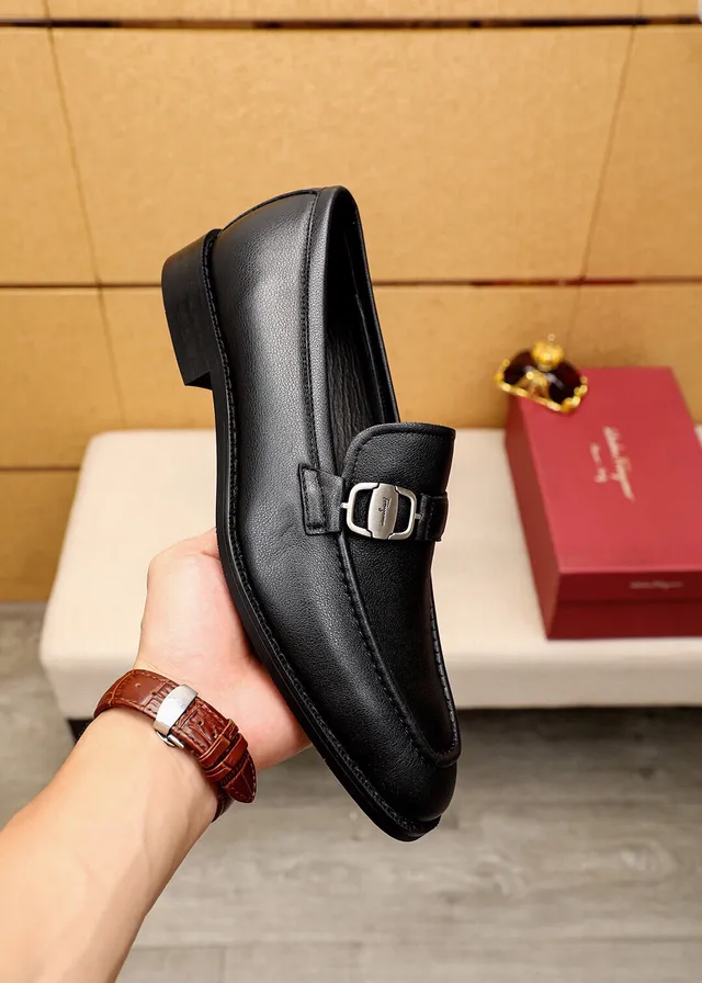 Salvatore Ferragamo Gancini Loafer Black Leather Horsebit Buckle Loafers