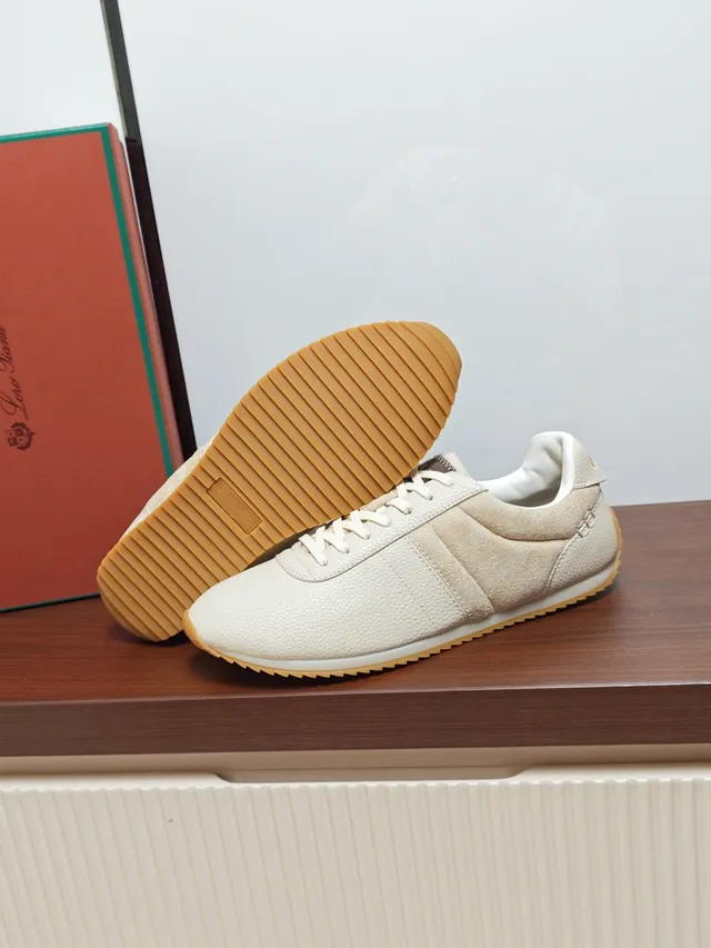 Loro Piana Beige White Textured Leather Upper Suede Side Panels Sneakers