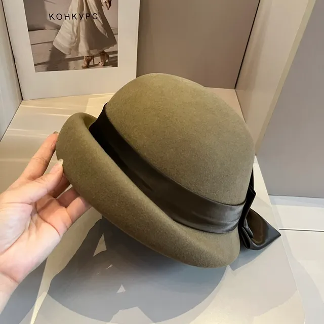 Celine Beige Brown Felt Satin Ribbon Bow Beret