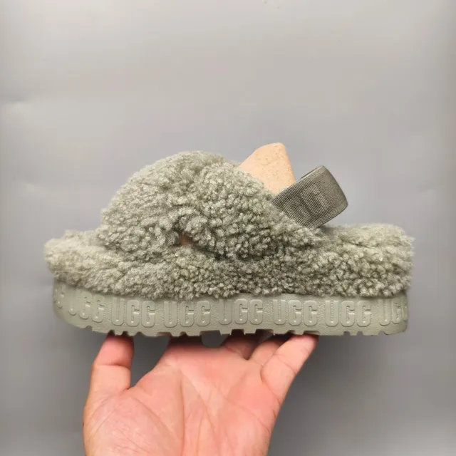 UGG Tasman Olive Green Shearling Cross-Strap Platform Slippers