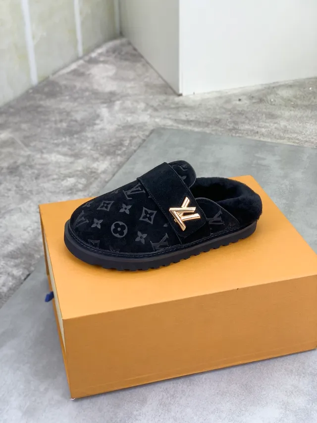 Louis Vuitton Monogram Suede Shearling-Lined Gold Buckle Loafer