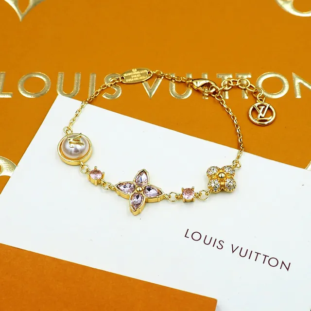 Louis Vuitton Gold-Tone Pearl and Pink Crystal Floral Charm Bracelet