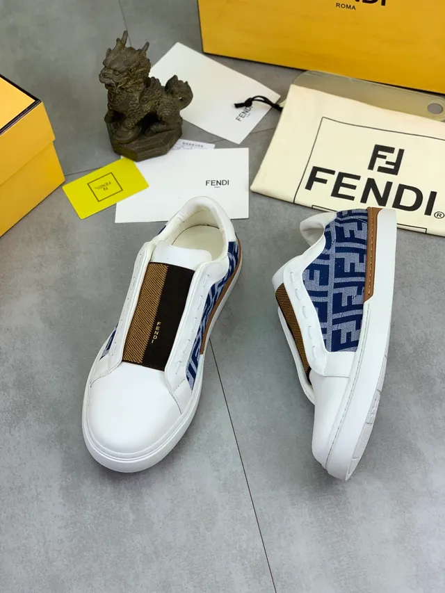 Fendi FF Logo Slip-On White Navy Brown Lifestyle Sneaker