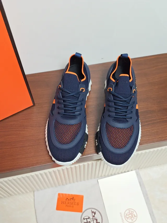 Hermès Navy and Orange Knit Sneaker