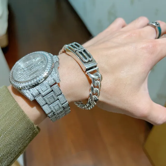 Balenciaga Silver Blue Chunky Curb-Link Chain Rectangular B-Buckle Clasp Bracelet