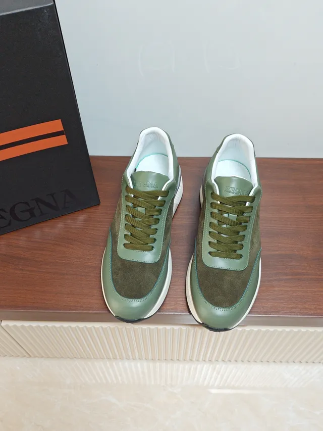 Zegna Olive Green Suede and Leather Layered Midsole Lifestyle Sneaker