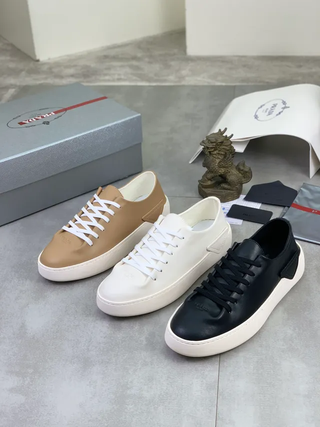 Prada Beige White Smooth Leather Upper Flat Laces Lifestyle Sneakers