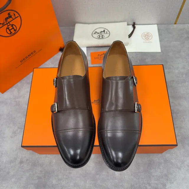 Hermès Double Monk Strap Cap Toe Brown Leather Monk Shoes