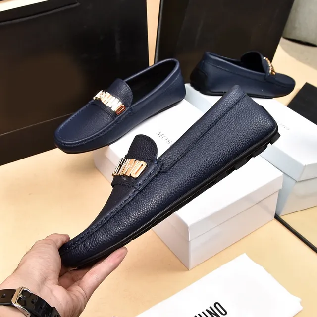 Moschino Logo-Strap Loafer Navy Gold Pebbled Leather Detail Loafer