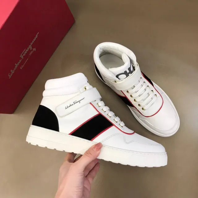 Salvatore Ferragamo Gancini White Red High-Top Ankle Strap Lifestyle Sneakers