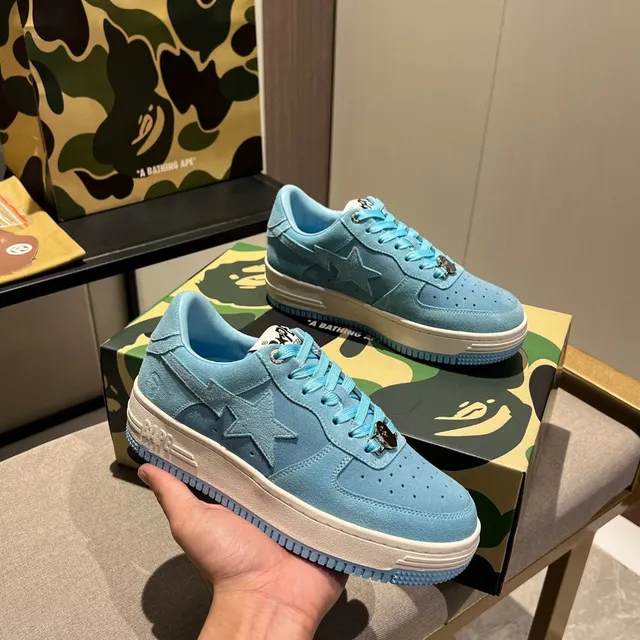 A Bathing Ape Blue White Suede Upper Star Logo Detail Lifestyle Sneakers