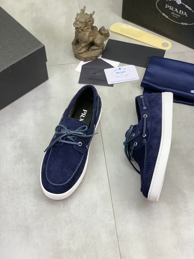 Prada Navy White Suede Moc-Toe Construction Boat Shoes
