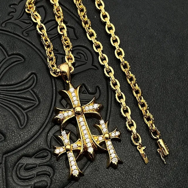 Chrome Hearts Triple Cross Pavé Gold Tone Necklace
