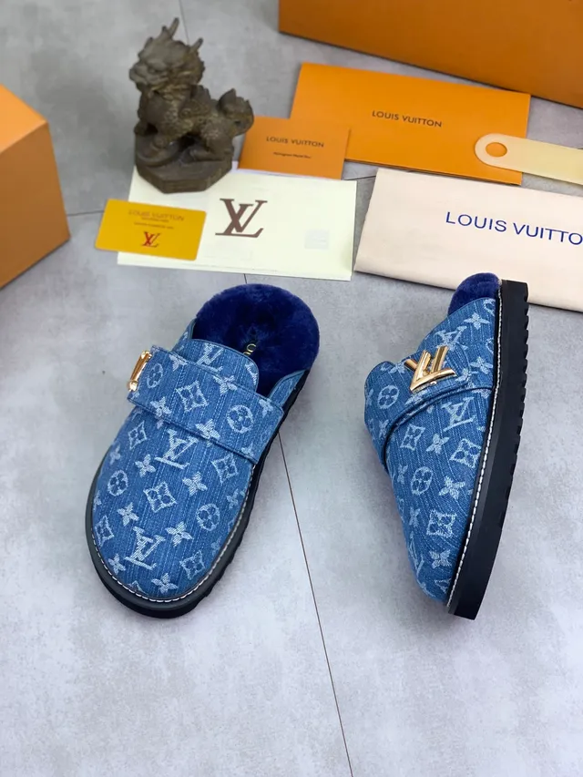 Louis Vuitton Blue Navy Denim Monogram Fabric Plush Shearling Lining Casual Shoes