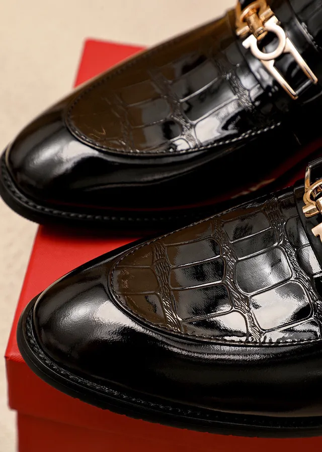Salvatore Ferragamo Gancini Loafer Black Patent Croc-Embossed Loafers