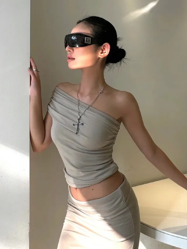 Beige Draped Off-Shoulder Crop Top and Wide-Leg Pants Set