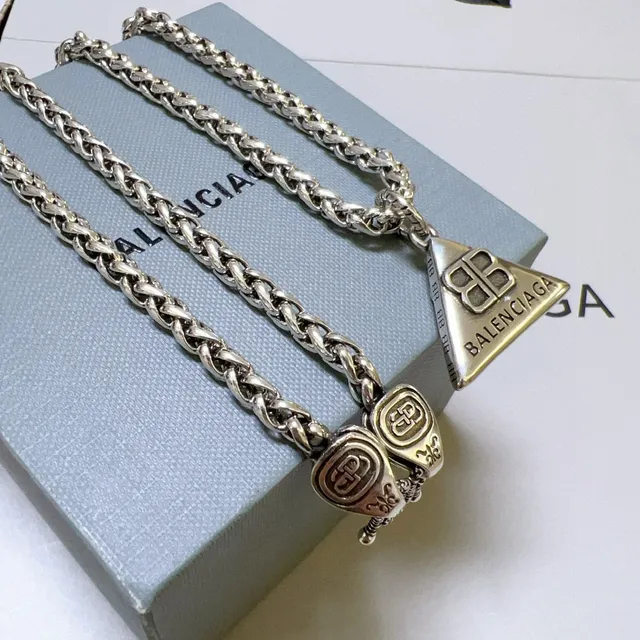 Balenciaga Triangle Pendant Silver Curb Chain Necklace