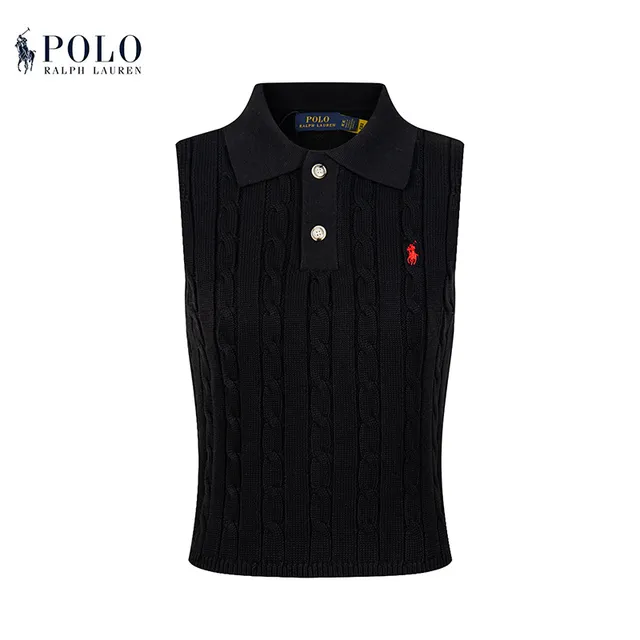 Polo Ralph Lauren Beige Navy Cable-Knit Sleeveless Polo Shirt