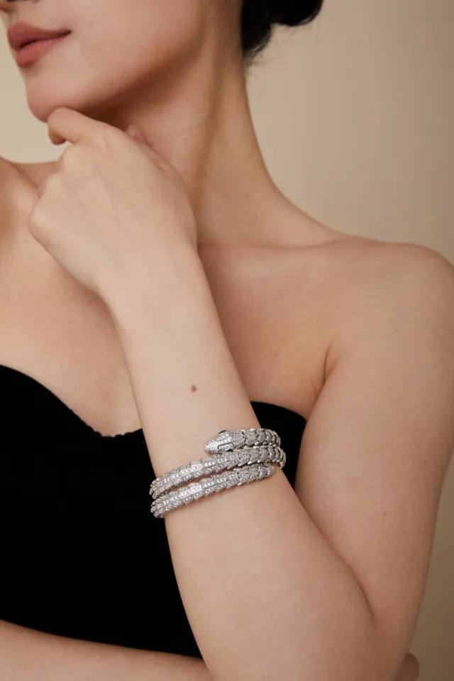 Bvlgari Serpenti Triple-Coil Pavé Diamond and Emerald Bracelet