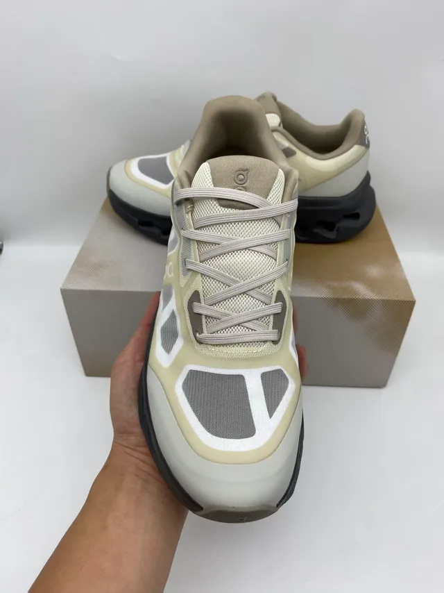 On Beige Gray Sculpted Open-Cell Midsole Mesh And Synthetic Overlay Upper Running Shoes