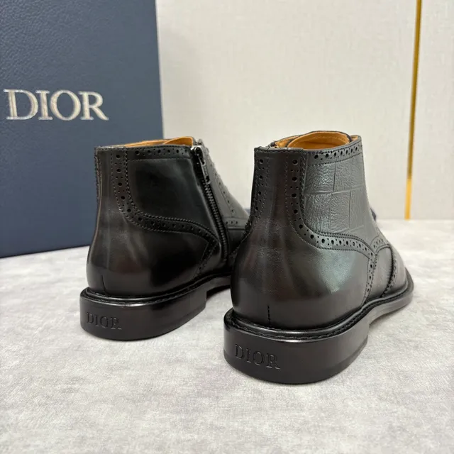 Dior Black Beige Brogue-Toe Crocodile-Embossed Ankle Boots