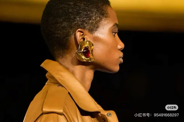 Saint Laurent Gold Green Sculptural Petal-Shaped Metal Frames Teardrop Cabochon Resin Stones Earrings