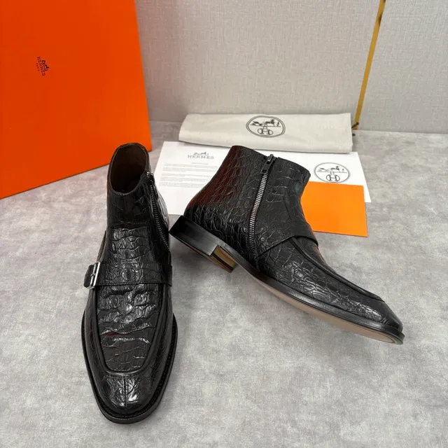 Hermès Monk Strap Ankle Boot Black Silver Crocodile-Embossed Leather Side Zipper Ankle Boots
