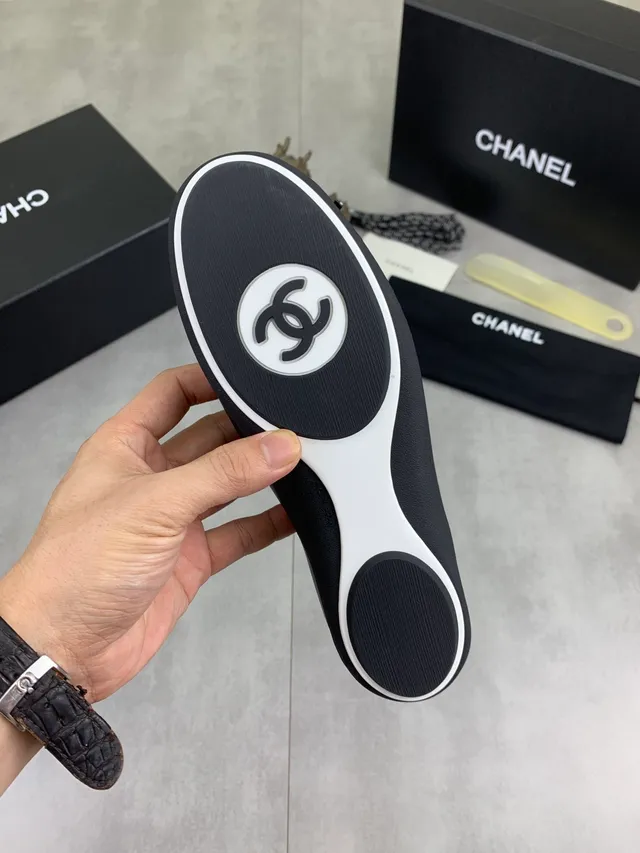 Chanel Black White Knit Sock Ankle Leather Toe Cap Ballet Flat