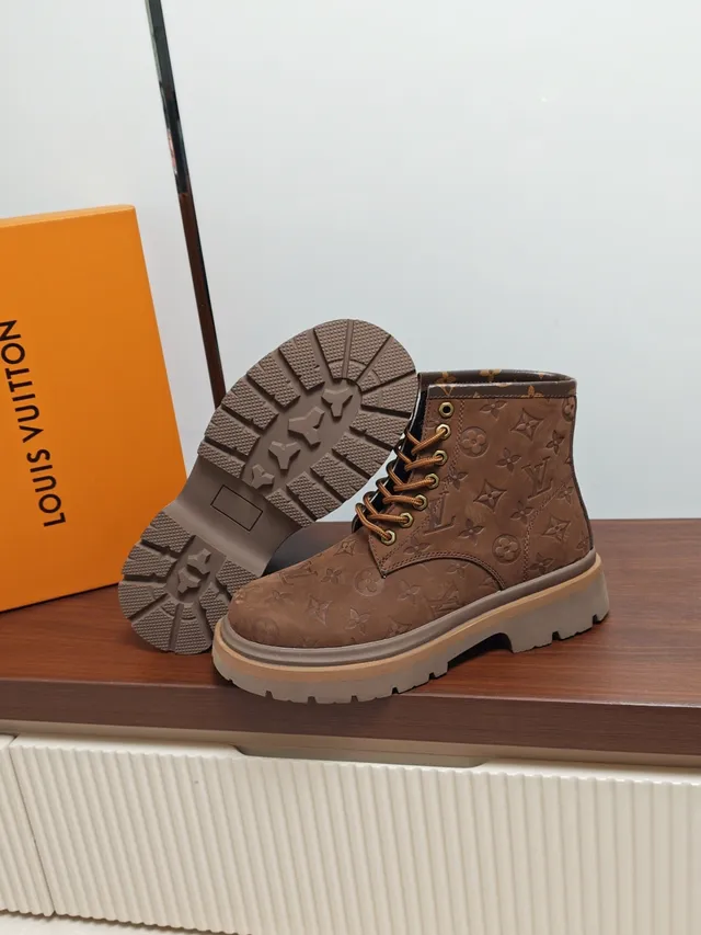 Louis Vuitton Brown Beige Monogrammed Suede Chunky Lug Sole Work Boots