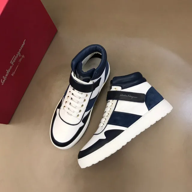 Salvatore Ferragamo White and Navy High-Top Strap Sneakers
