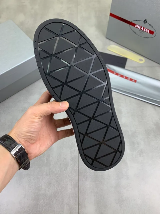 Prada Black White Leather Upper Triangular Logo Plaque Lifestyle Sneakers