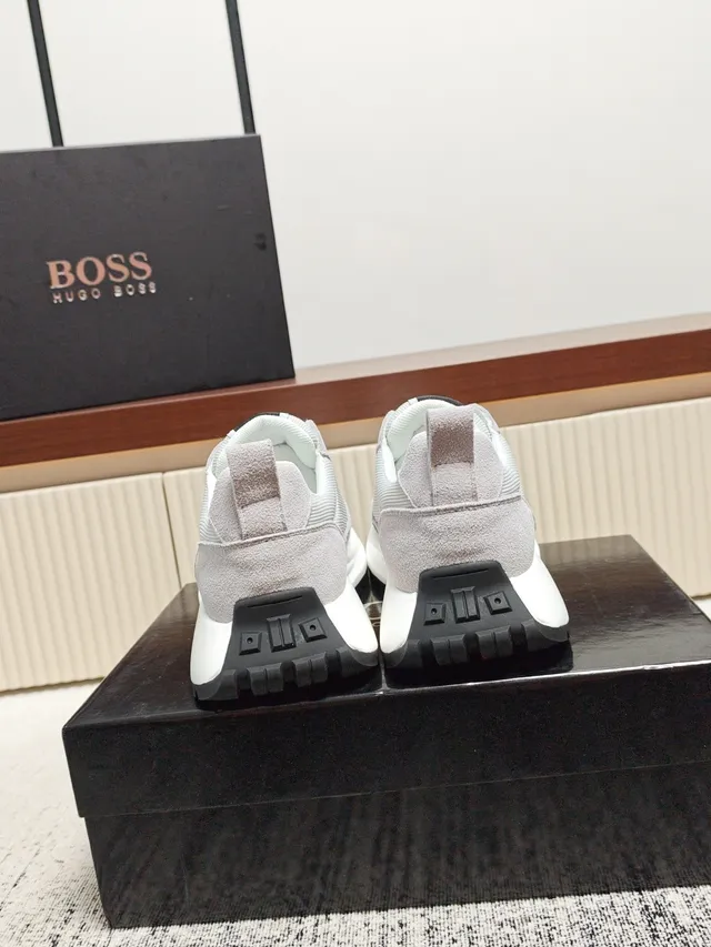 Hugo Boss Gray White Low-Top Mixed-Material Upper Sneakers