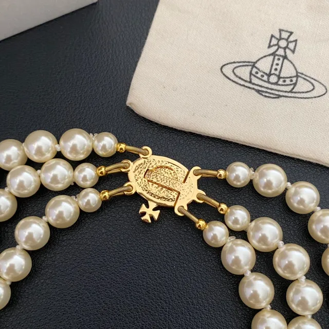 Vivienne Westwood Orb Pearl Necklace Beige Gold Multi-Strand Logo Clasp Necklace