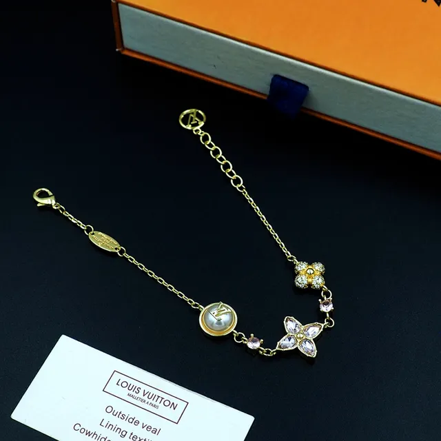 Louis Vuitton Gold-Tone Pearl and Pink Crystal Floral Charm Bracelet