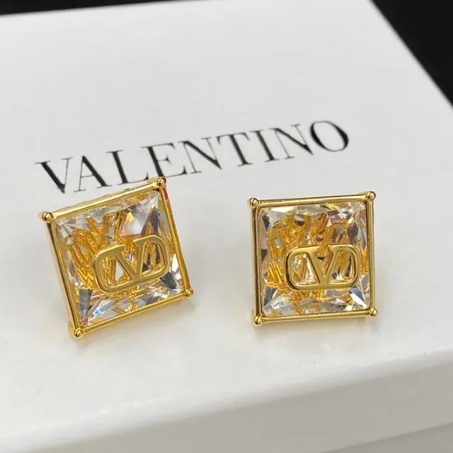 Valentino VLTN Red Gold Square-Cut Faceted Stones Logo Earrings