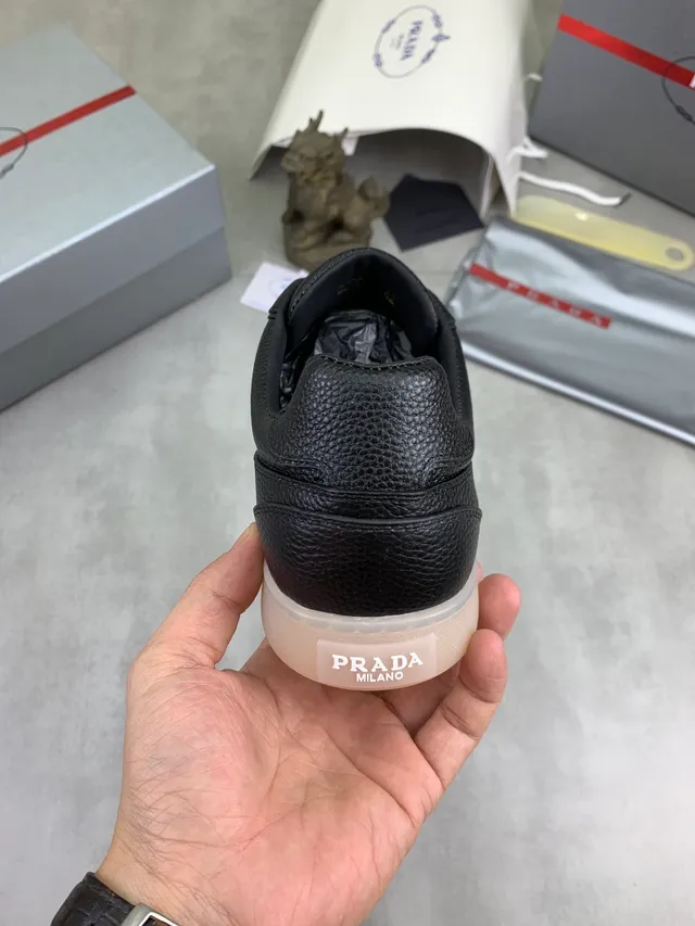 Prada Black Beige Pebbled Leather Low-Top Silhouette Lifestyle Sneakers