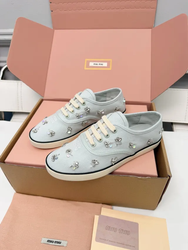 Miu Miu Wander Blue Beige Embellished Canvas Lifestyle Sneakers