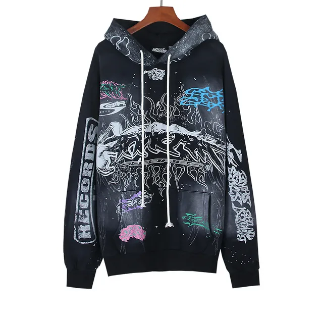 Hellstar Records LLC Graphic Print Distressed Flame Motif Hoodie
