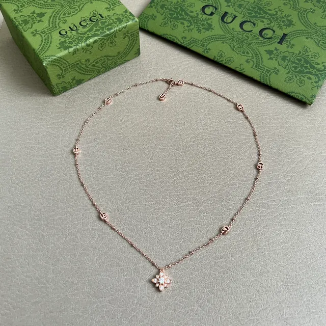 Gucci Gold Transparent Rose Chain Interlocking G Charms Necklace