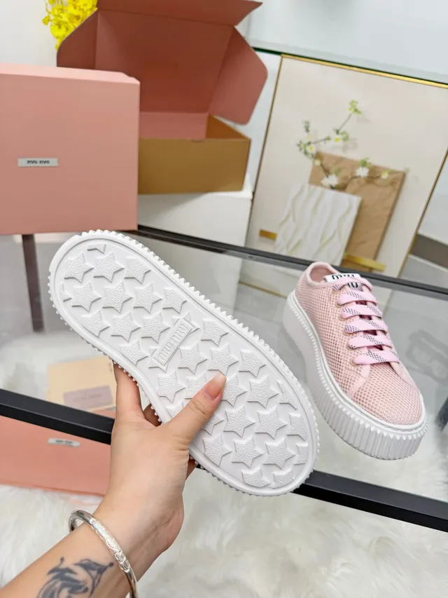 Miu Miu Platform Sneaker Pink White Mesh Upper Ridged Sole Lifestyle Sneakers