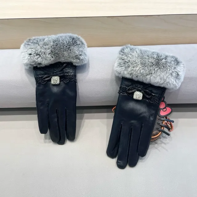 Gucci Black Gray Faux Fur Cuff Leather Gloves