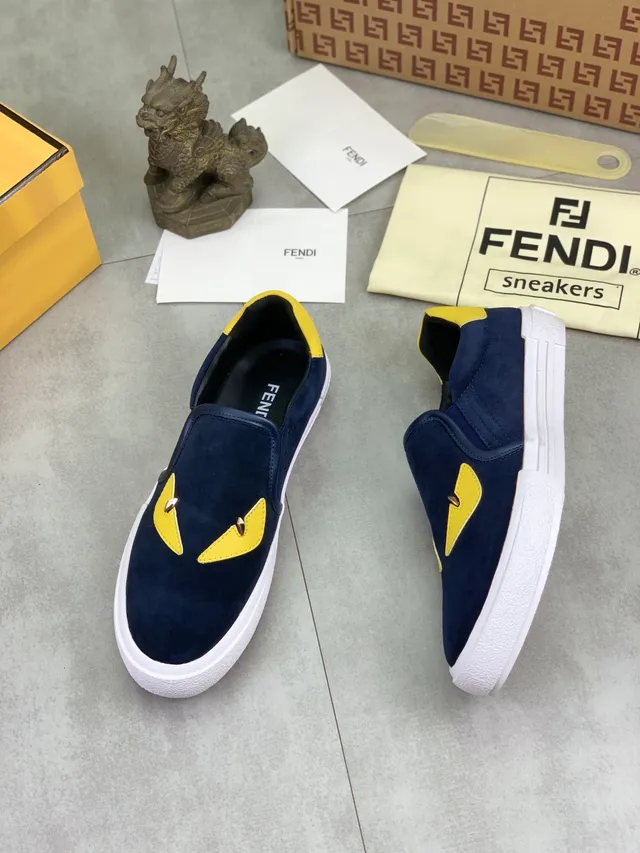 Fendi Monster Eye Navy and Yellow Suede Slip-On Lifestyle Sneakers