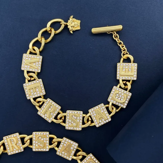 Versace Chain Reaction Gold Silver Curb Crystal-Embellished Letter Charms Necklace