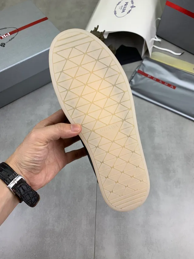 Prada Black Beige Pebbled Leather Low-Top Silhouette Lifestyle Sneakers