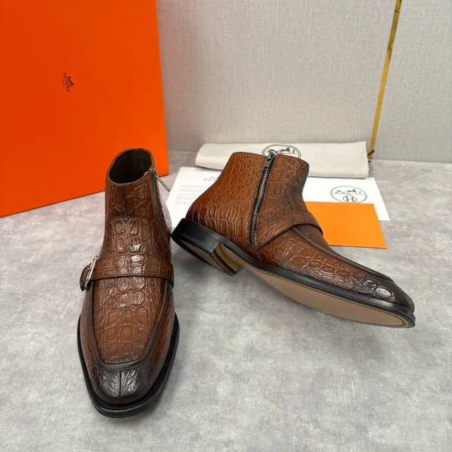 Hermès Brown Crocodile-Embossed Monk Strap Ankle Boots