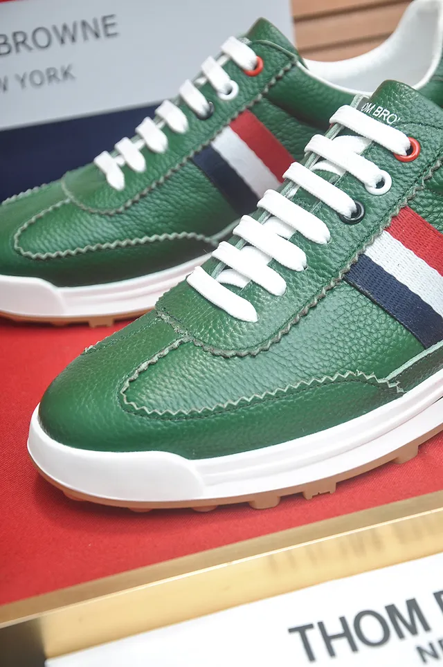 Thom Browne Green Multicolor Pebbled Leather Upper Side Grosgrain Stripe Lifestyle Sneakers